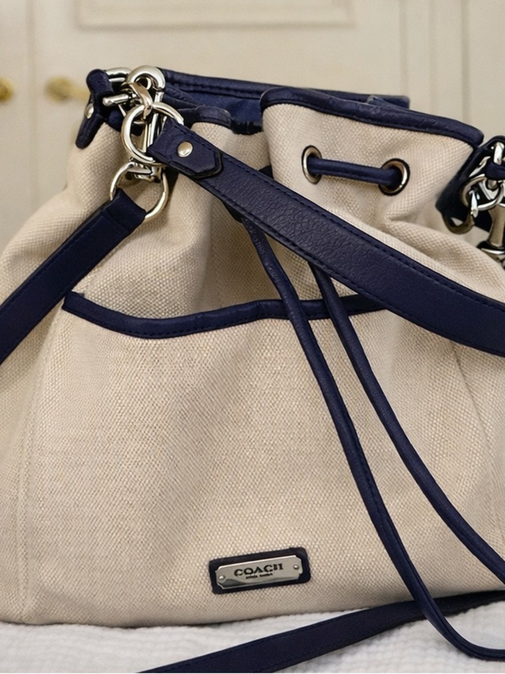 Coach Canvas + Navy Leather Drawstring Shoulder Bucket Bag Silver Hardware